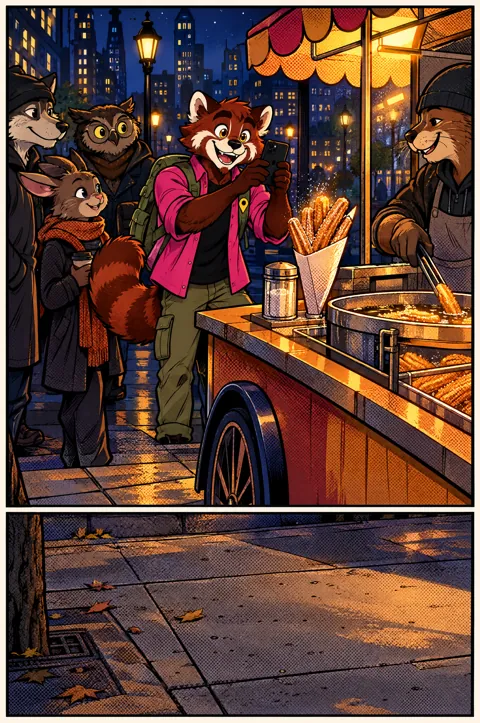 Scout checks his phone beside a churro cart on a busy night street