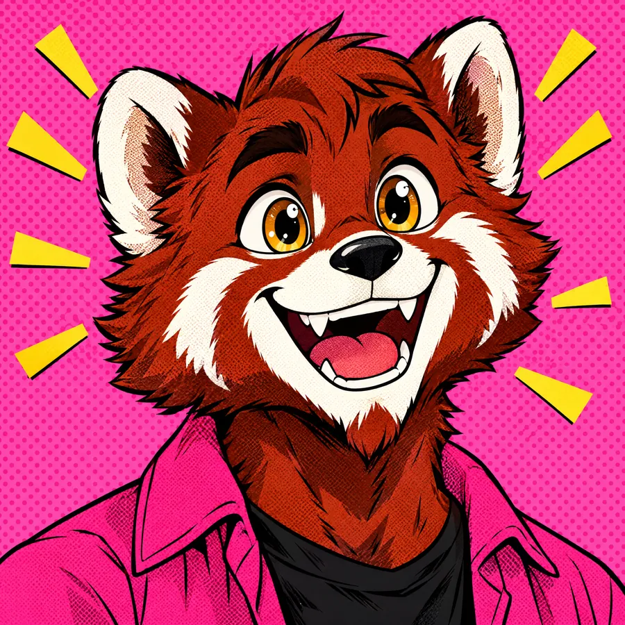 Scout the red panda, eyes lit up and grinning wide, in a pop-art burst
