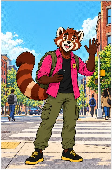 Scout waves hello on a sunny city crosswalk, phone in hand