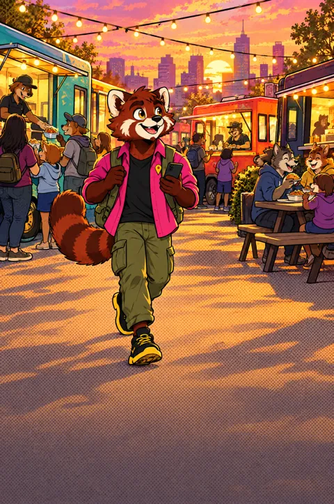 Scout strolling through a sunset food truck rally