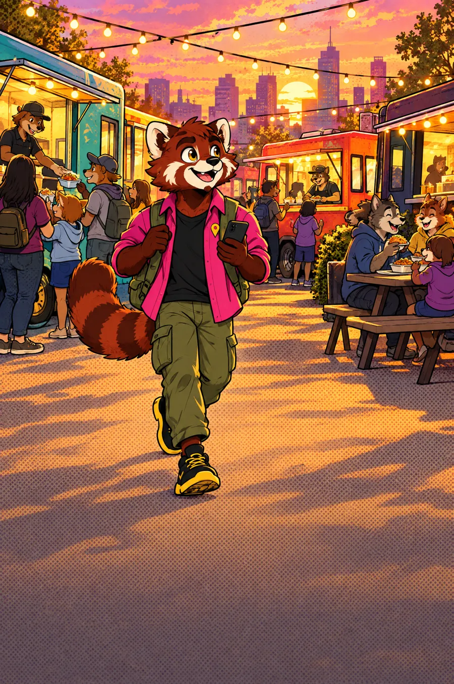 Scout walks through an evening food truck rally under string lights, phone in hand