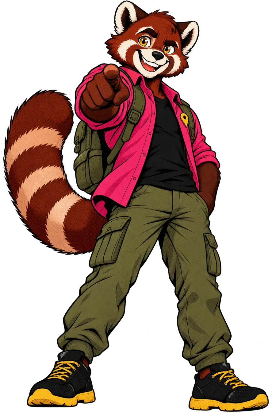 Scout the red panda grins and points straight at you, phone tucked in his hand