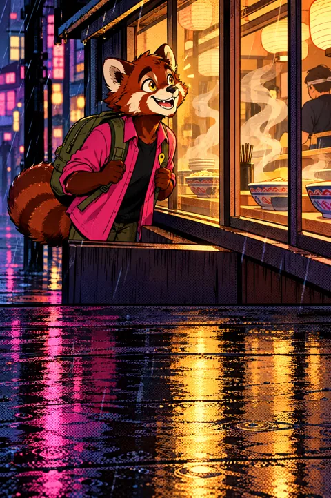 Scout at a steamy ramen shop window on a rainy night