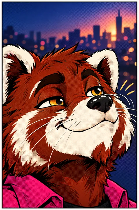 Close-up of Scout catching a scent at dusk, city skyline behind him