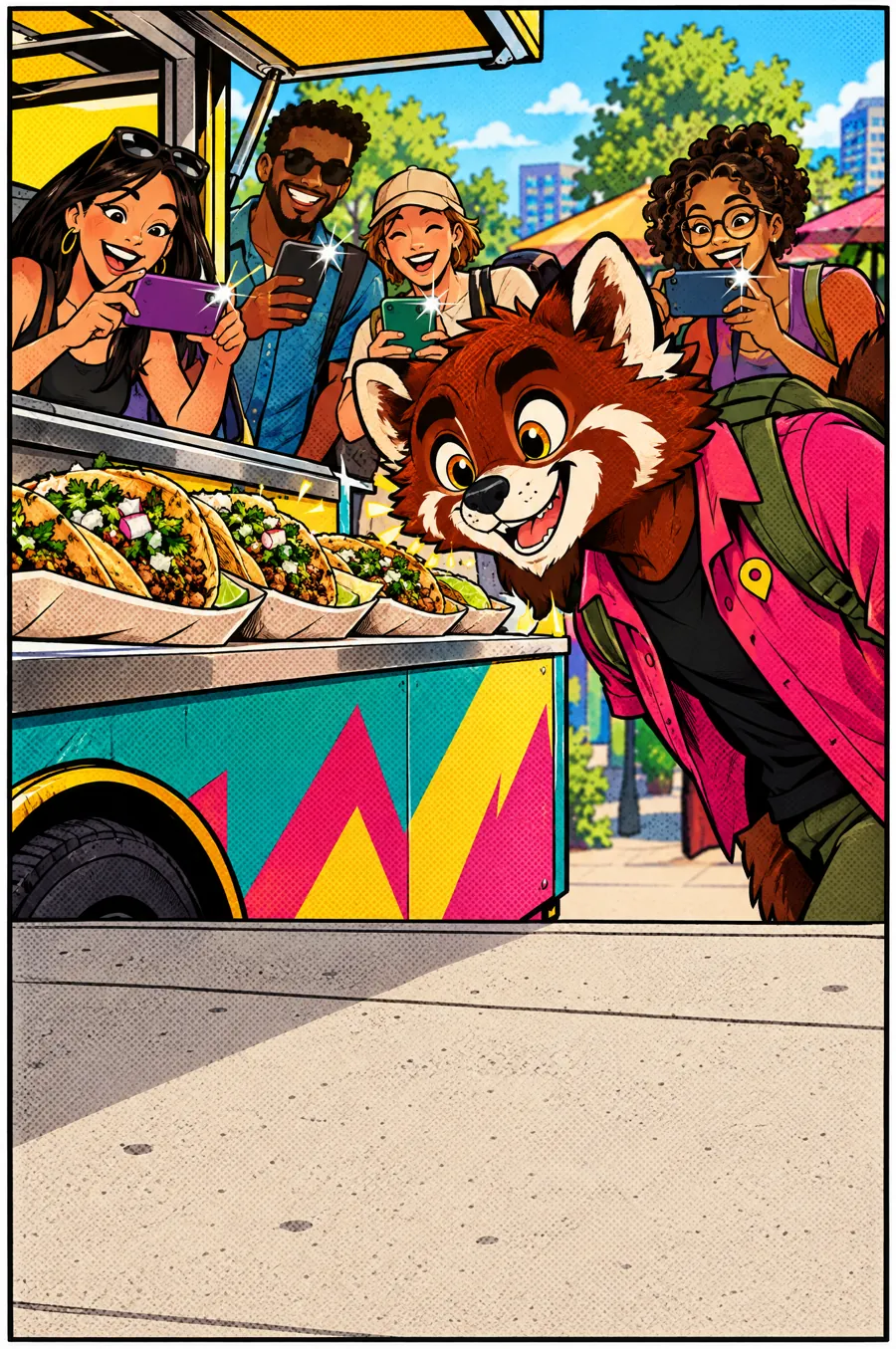 Scout grins at a taco truck counter while a crowd of friends photographs their tacos